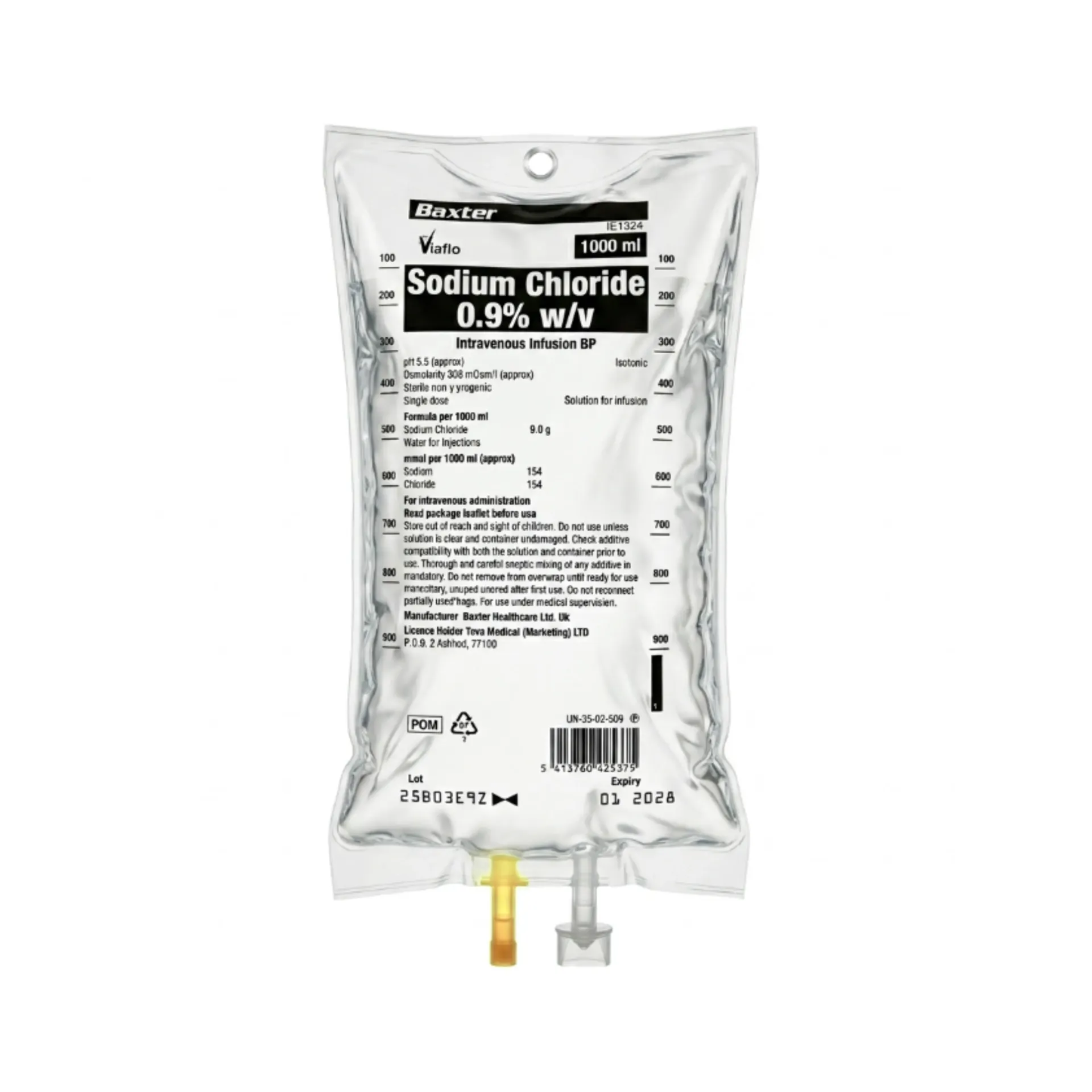 שקית עירוי סליין 1000 מ"ל. Saline Infusion Bag 0.9% NaCl. תמיסה סטרילית לעירוי תוך ורידי. ס.מדיק יבוא