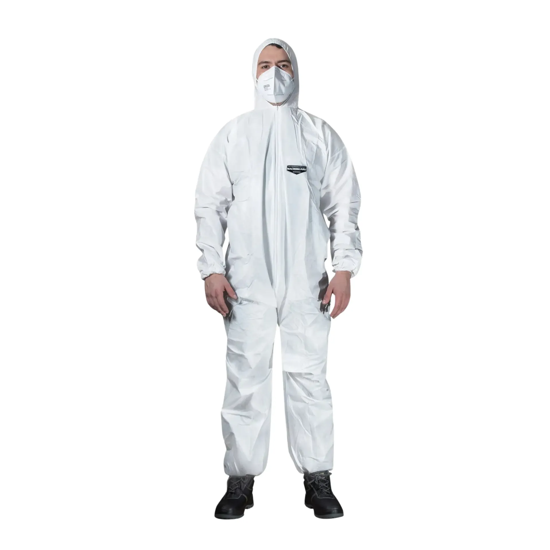 סרבל מוגן נוזלים חד פעמי. Disposable Protective Coverall MACROGUARD CLUTE. בד מיקרו נקבובי SFL. כולל ברדס וגומיות סגירה. ס.מדיק יבוא