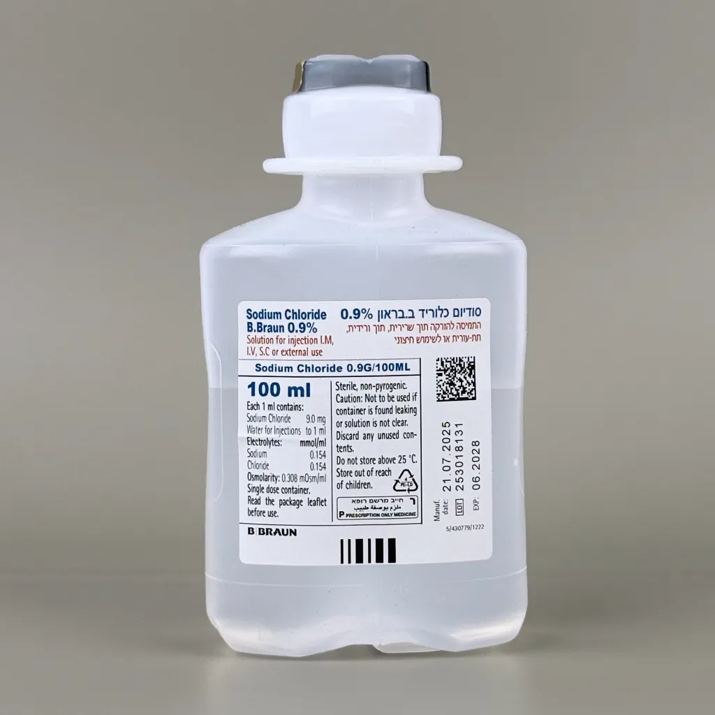 בקבוק עירוי סליין. Saline IV Bottle. Sodium Chloride 0.9% (NaCl). 3 גדלים זמינים: 100 / 500 / 1000 מ״ל. סטרילי וחד פעמי. ס.מדיק יבוא