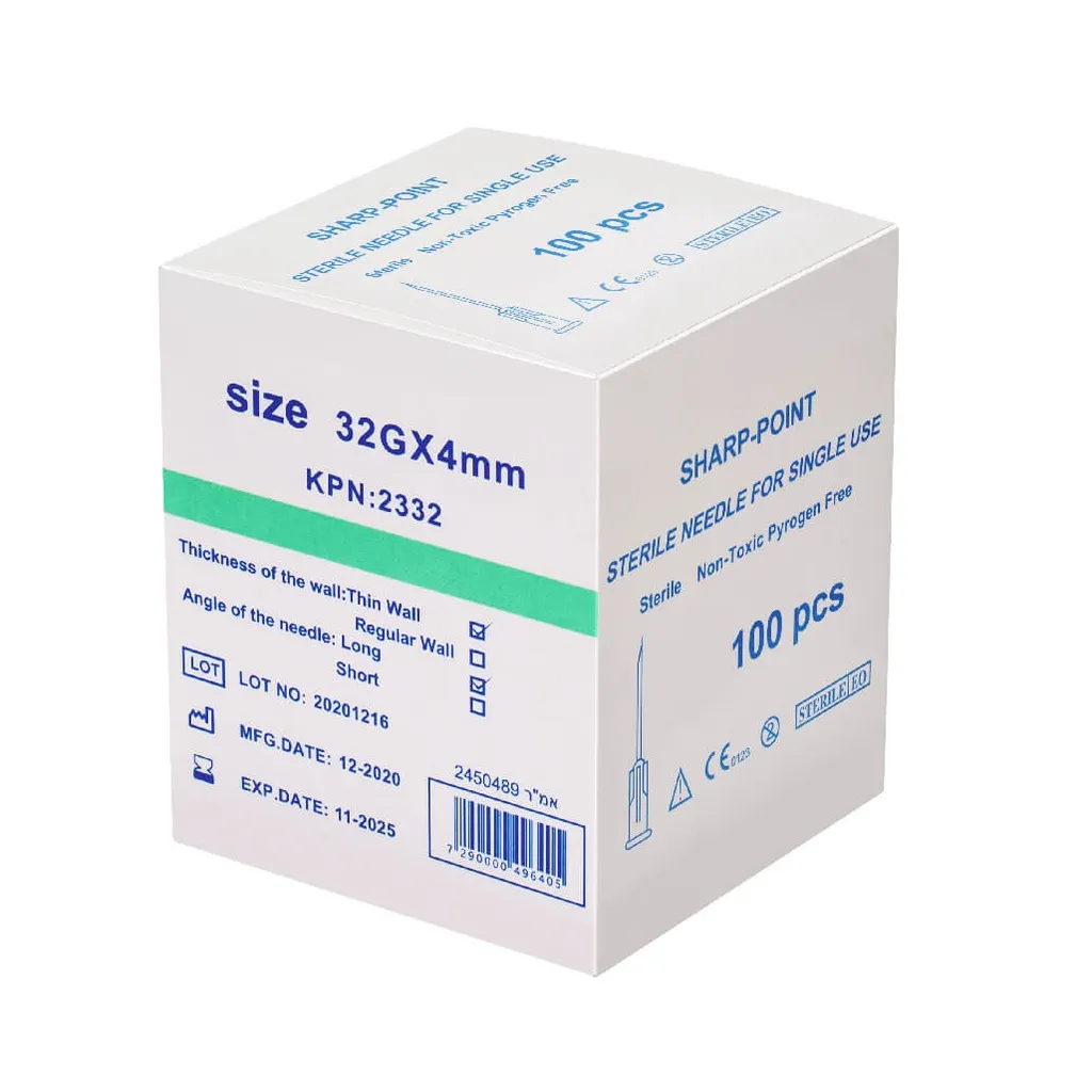 מחט היפודרמית סטרילית. 100 יחידות. Sterile Hypodermic Needle. . גדלים 16G עד 32G