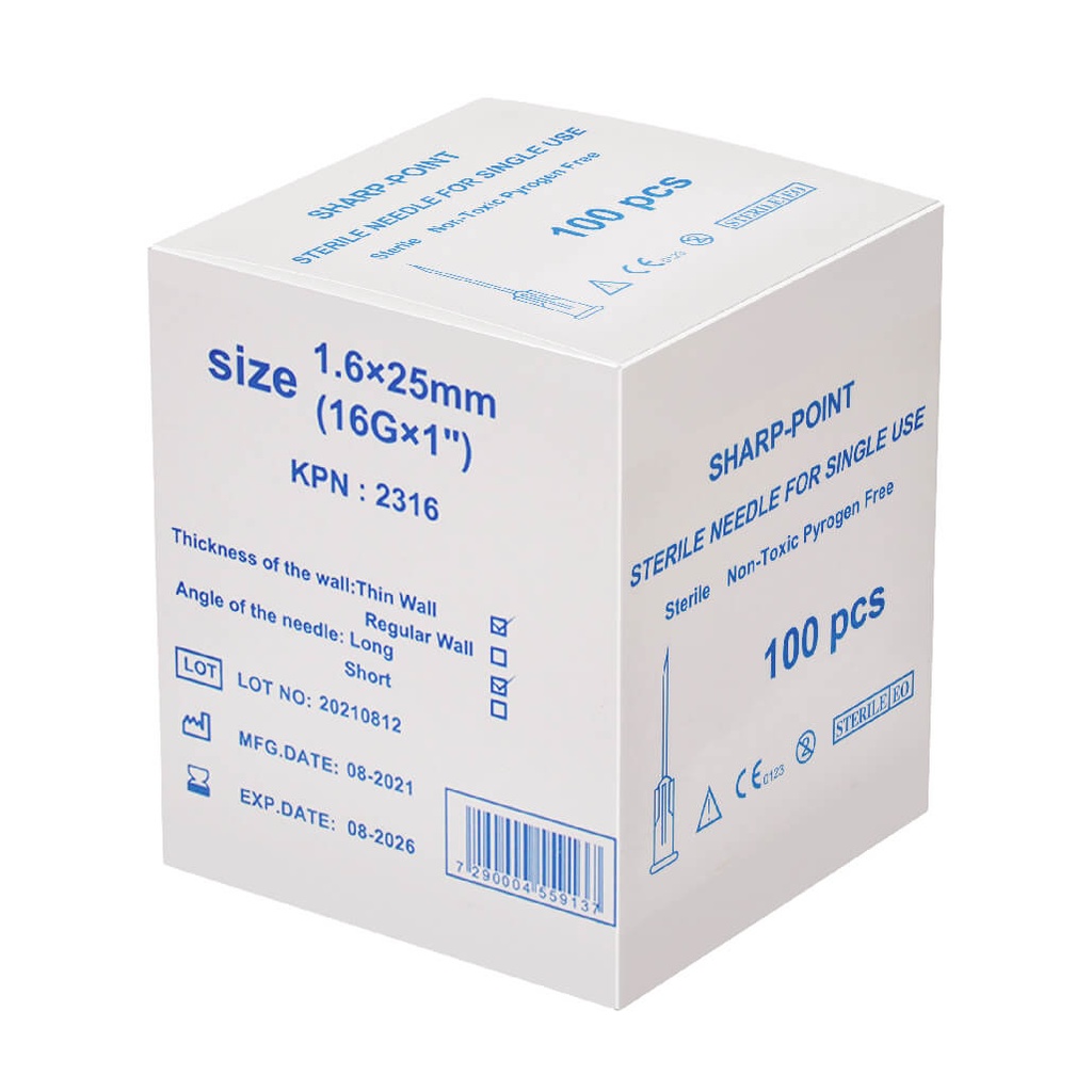 מחט היפודרמית סטרילית. 100 יחידות. Sterile Hypodermic Needle. . גדלים 16G עד 32G