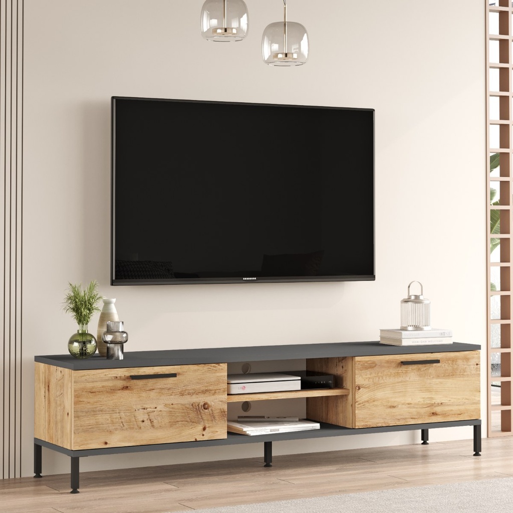 [990206] מזנון טלוויזיה Logan RL1-AA. 160 x 35 x 49 ס"מ. 2 דלתות ותא פתוח. רגלי מתכת
