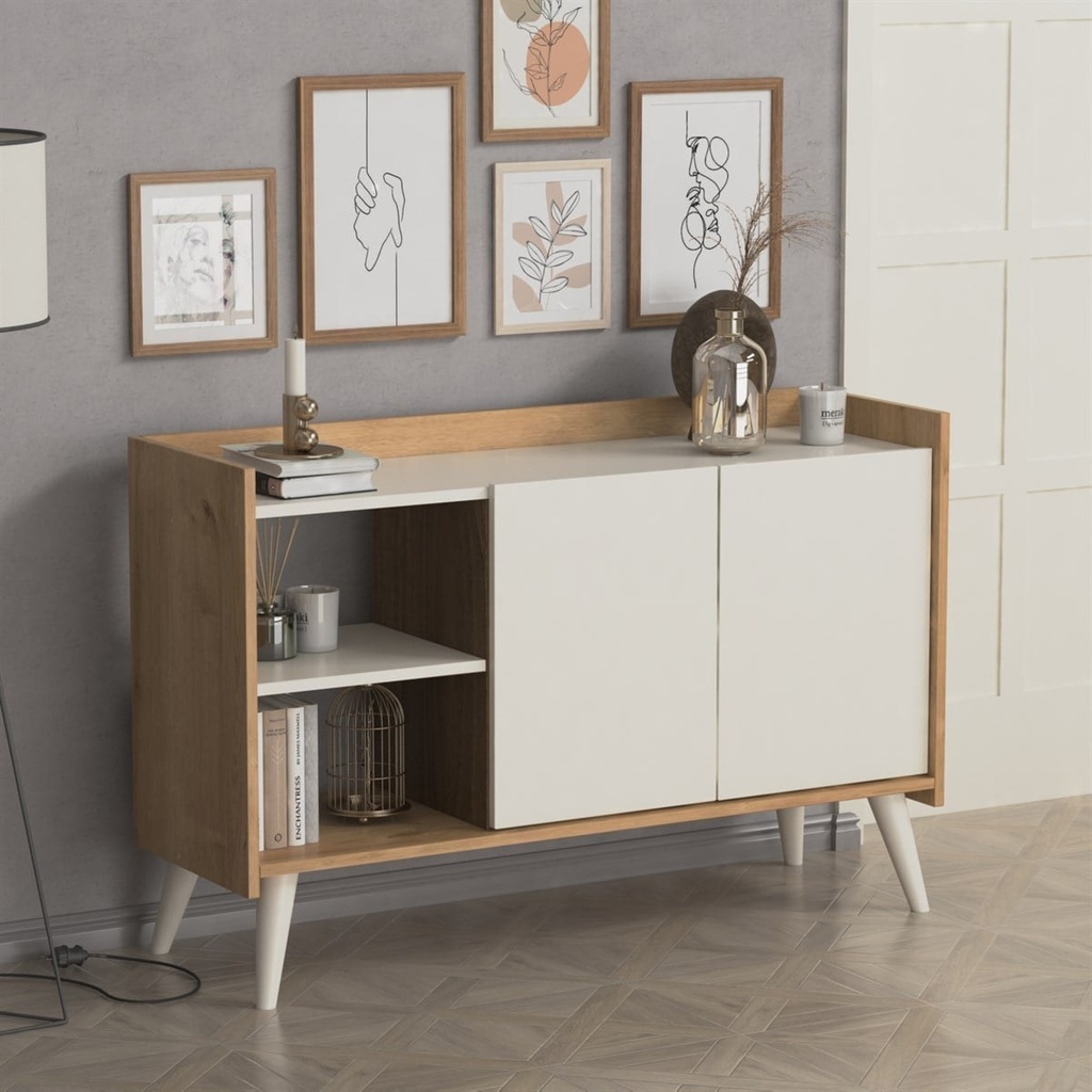 [990226] קונסולה מעוצבת Ruby. אלון משולב לבן. 123.5 x 40 x 80 ס"מ. 2 דלתות ומדפים פתוחים
