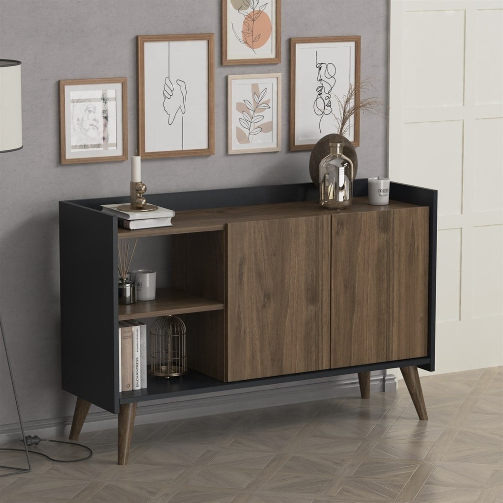 [990227] קונסולה מעוצבת Ruby. פחם משולב אגוז. 123.5 x 40 x 80 ס"מ. 2 דלתות ומדפים פתוחים