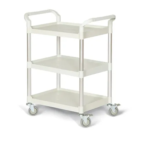 [990375] עגלת שירות קומפקטית KT-168W. Compact Service Trolley. 3 מדפים, פלסטיק יצוק ועמודי אלומיניום. 4 גלגלים עם מעצור. ס.מדיק יבוא