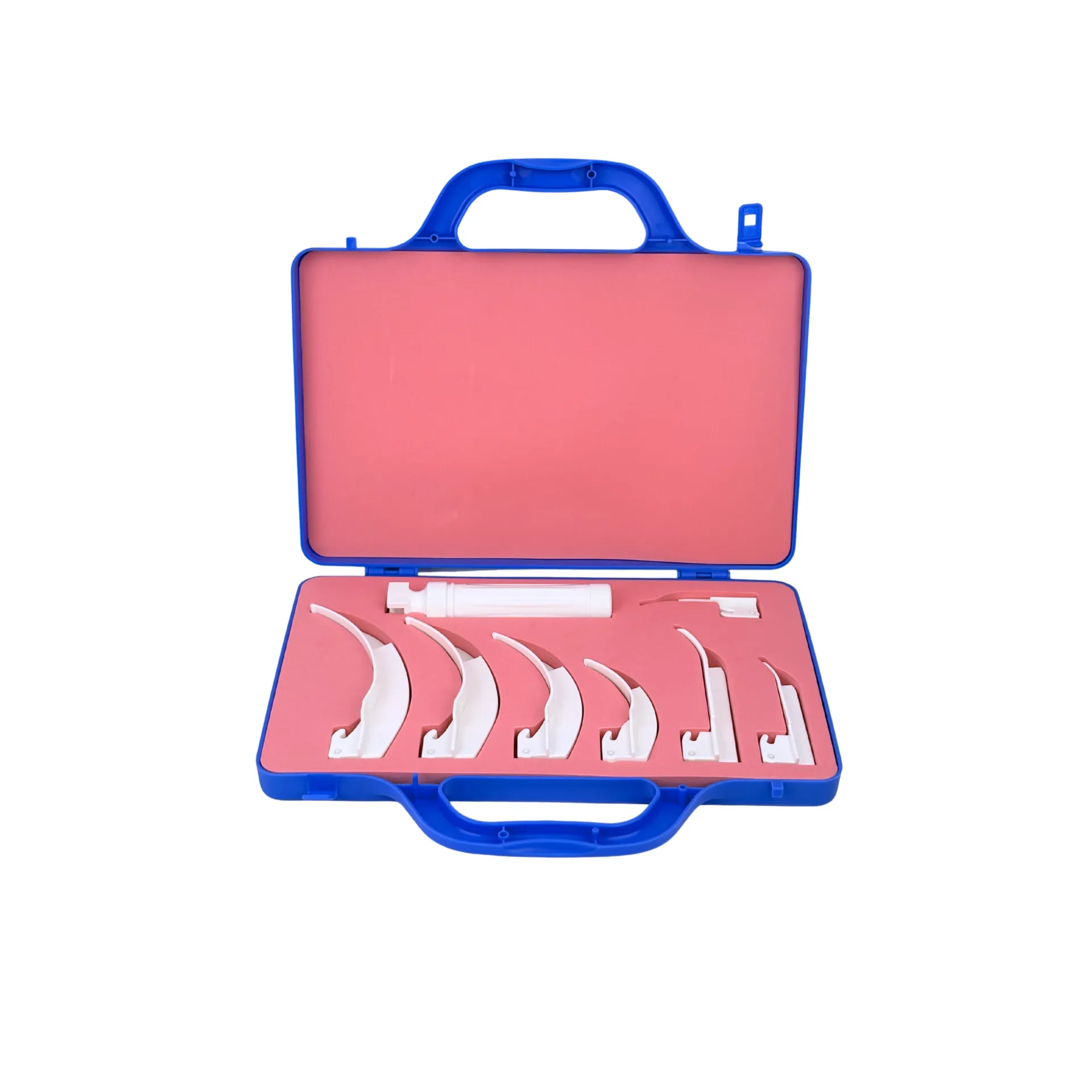 [100025] ערכת לרינגוסקופ פלסטיק. Laryngoscope Set Plastic. 6 להבים (3 ישרים + 3 עקומים Macintosh). סיב אופטי. כיסוי קשיח לנשיאה. ס.מדיק יבוא