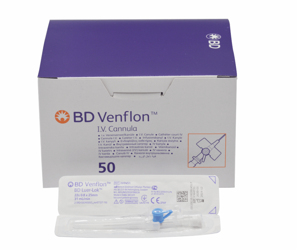 וונפלון מחט לעירוי/נידל. 50 יחידות.  16G אפור|18G ירוק|22G כחול.  BD Venflon. IV Cannula Needle