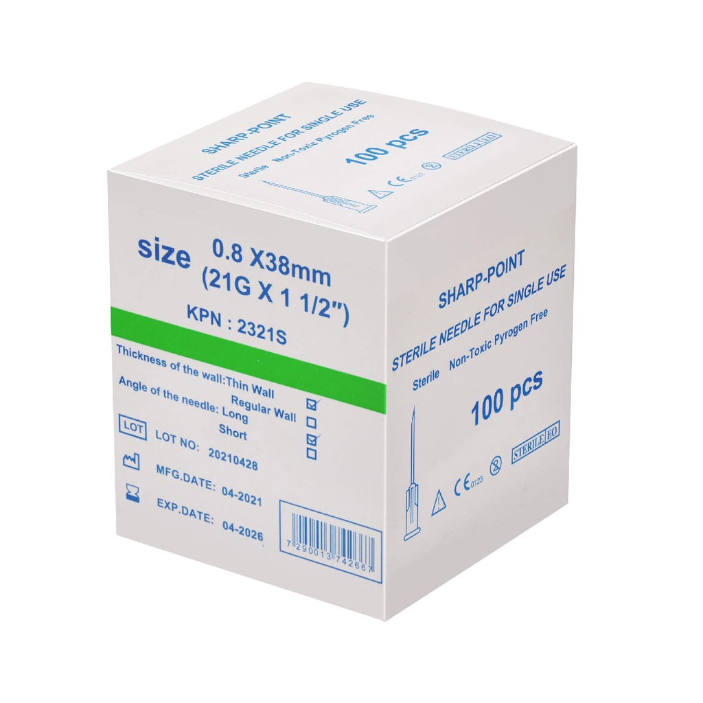 מחט היפודרמית סטרילית. 100 יחידות. Sterile Hypodermic Needle. . גדלים 16G עד 32G