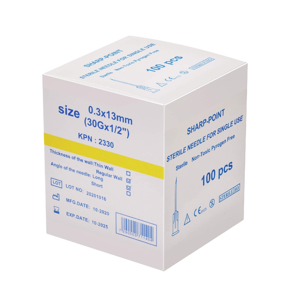 מחט היפודרמית סטרילית. 100 יחידות. Sterile Hypodermic Needle. . גדלים 16G עד 32G