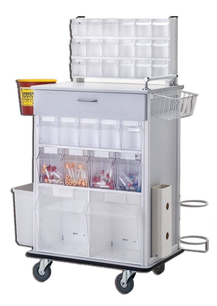 [500404] עגלת החייאה. כחול לבן מיוצר בישראל. נירוסטה 304. 18 תאים. מתקן חמצן וקטטרים. גלגלים נעילים. ס.מדיק יבוא (חד צדדית)