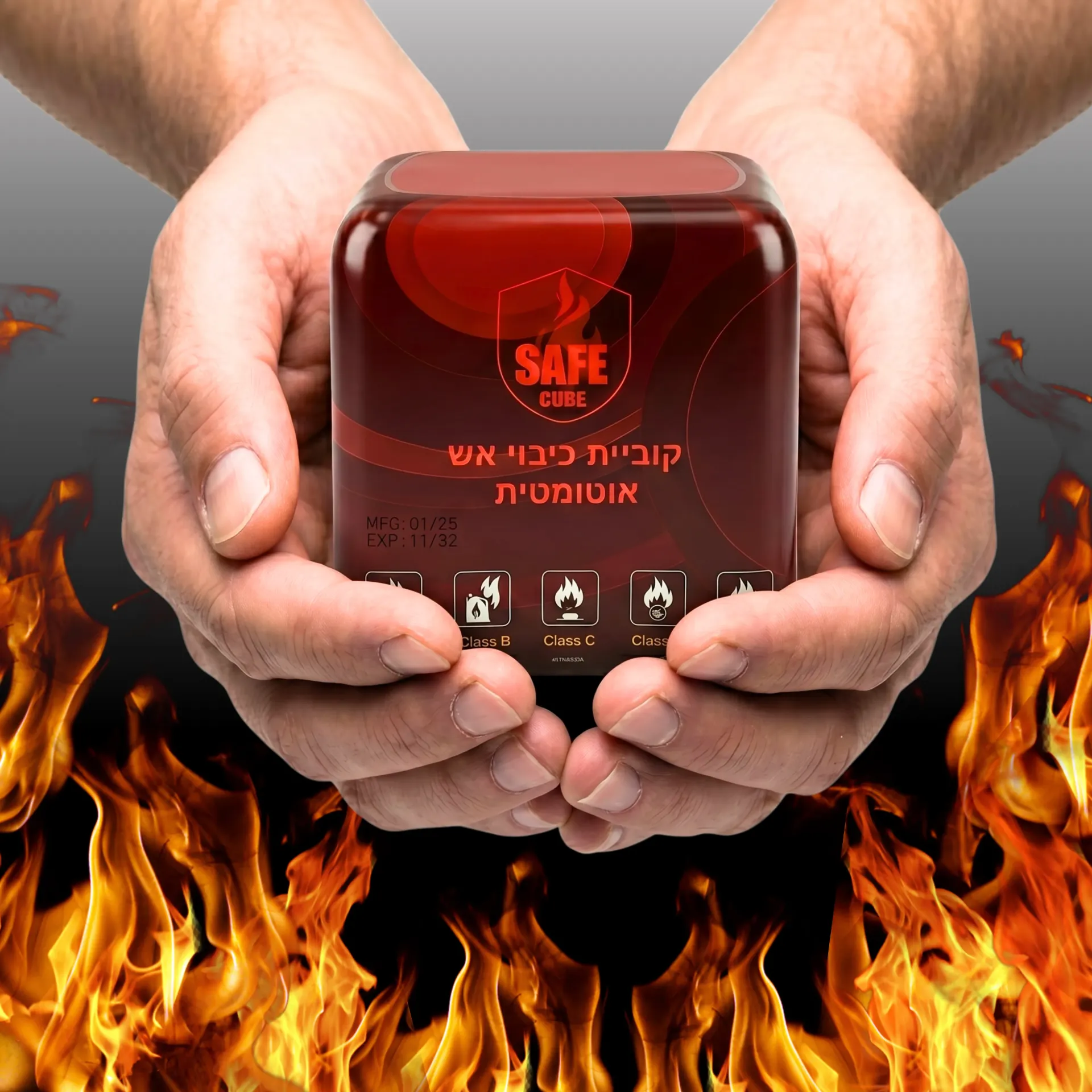 [103223] קוביית כיבוי אש אוטומטית. Automatic Fire Extinguisher Cube. 1.25 ק"ג אבקת ABC. מכבה שריפות A, B, C, E, F תוך 3 עד 5 שניות. חיי מדף 7 שנים. כולל מתקן לקיר. ס.מדיק יבוא