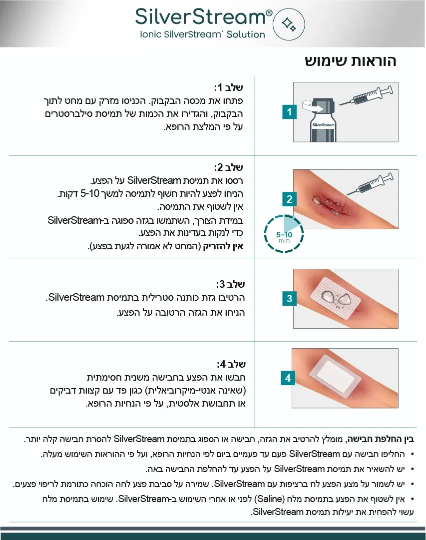 [580203] סילברסטרים תמיסת כסף יוני. SilverStream Ionic Solution. לטיפול בפצעים ובכוויות. כסף יוני לשימוש חיצוני. ס.מדיק יבוא (100 מ"ל)