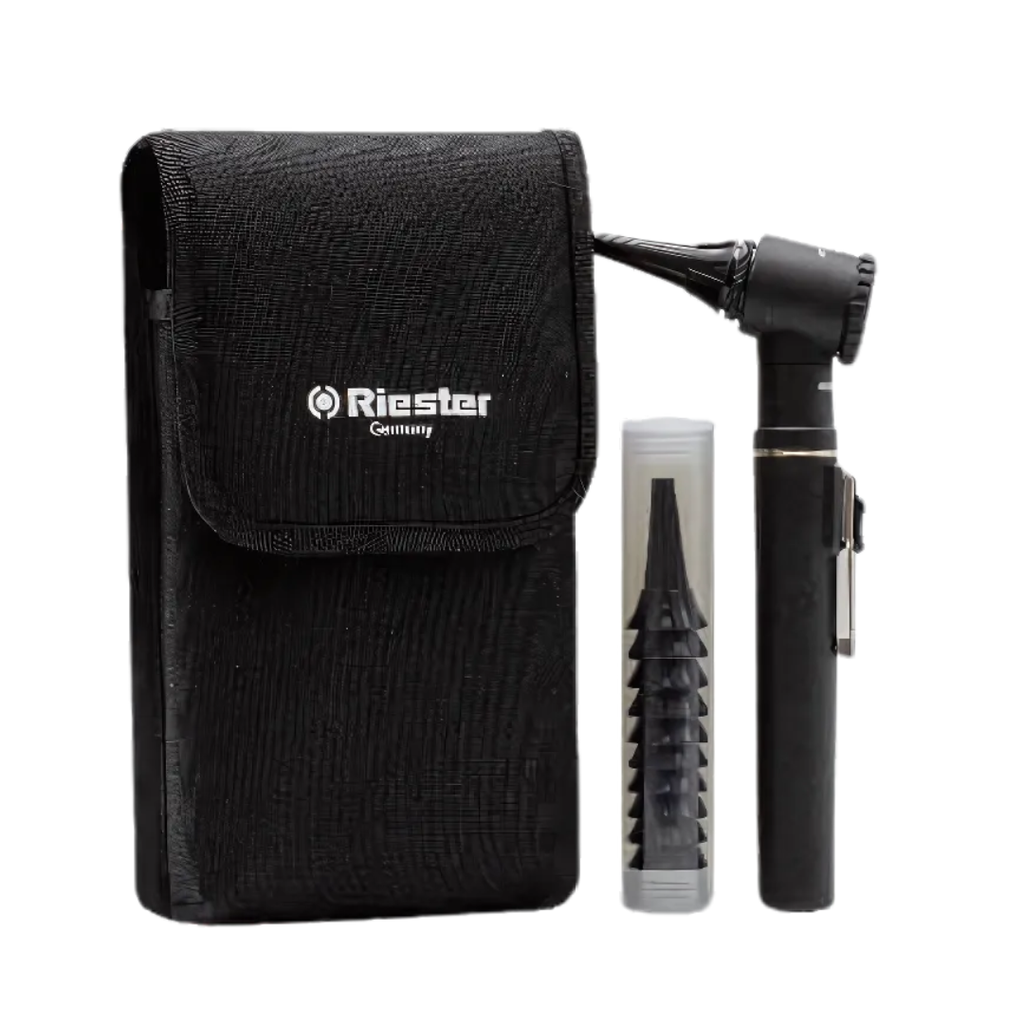 [100808] אוטוסקופ כיס Riester מקצועי. נורת הלוגן. צבע שחור. נרתיק שחור. תוצרת גרמניה